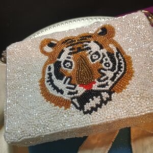 Elegant Beaded Tiger Clutch - White and Brown